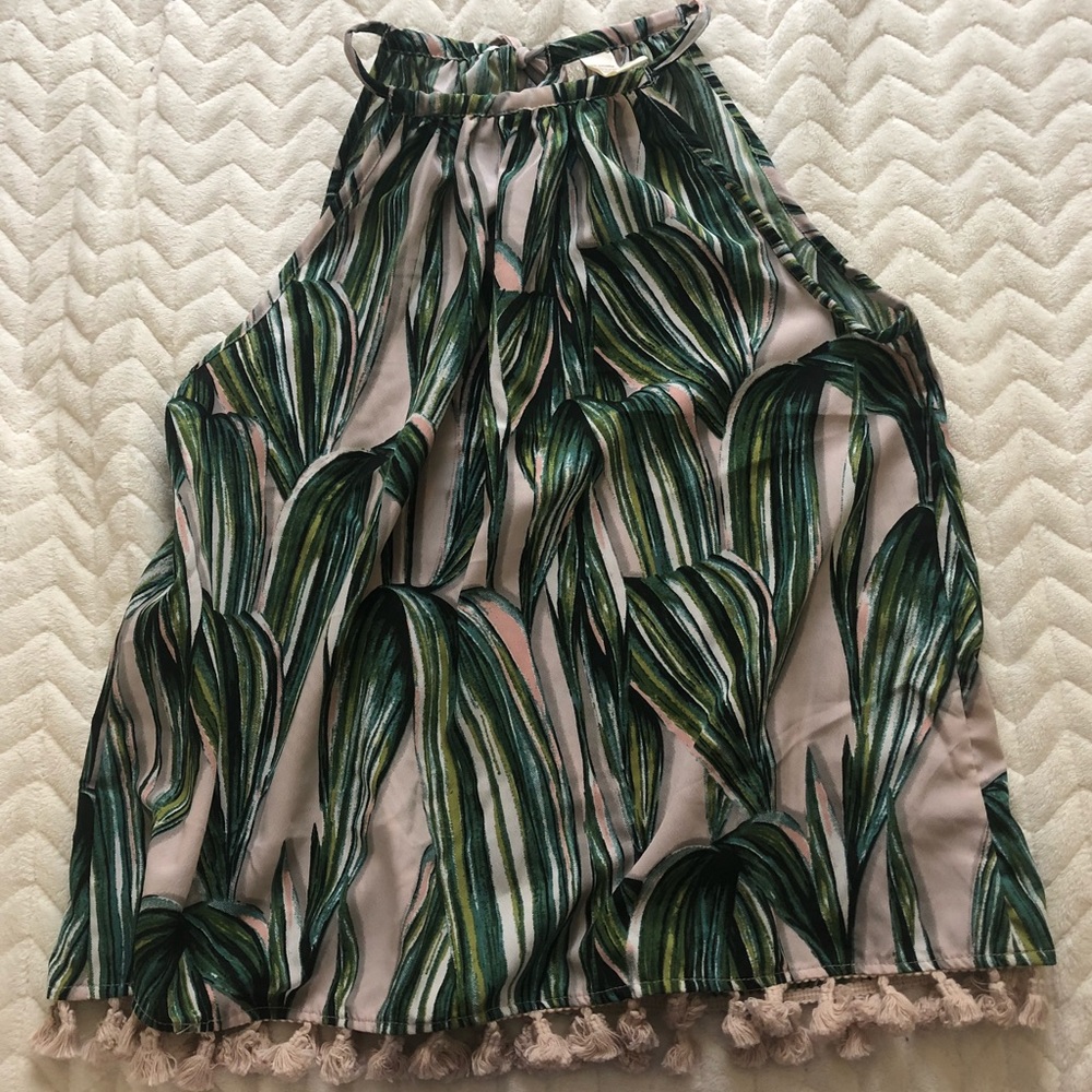 Halter Green Plant Tropical Top with Tassels